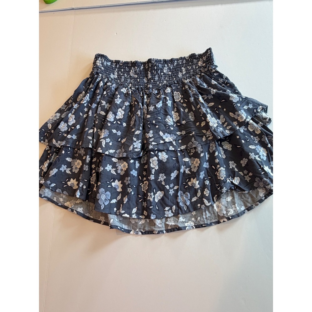 Hollister Womens Floral Smocked Ultra High-Rise Tiered Ruffle Mini Skirt Navy L